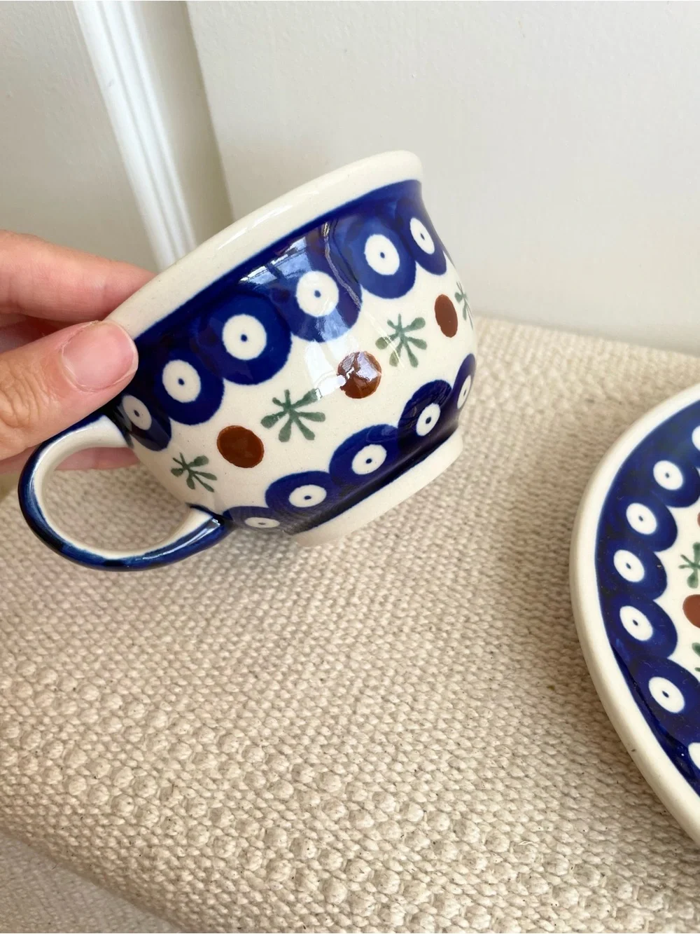Boleslawiec Polish Pottery Peacock Blue Eyes Tea Coffee Cup Saucer